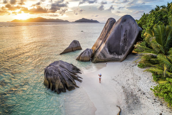 Aerial view of Anse Source d'Argent beach at sunset, La Digue island, Seychelles, Africa (MR)