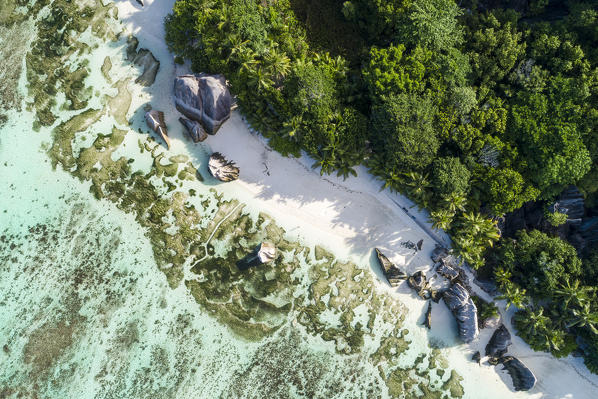 Aerial view of Anse Source d'Argent beach, La Digue island, Seychelles, Africa