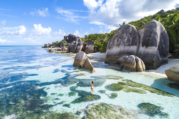 Aerial view of Anse Source d'Argent beach, La Digue island, Seychelles, Africa (MR)