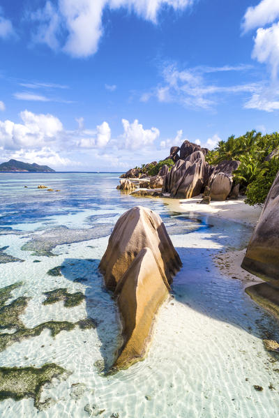 Aerial view of Anse Source d'Argent beach, La Digue island, Seychelles, Africa