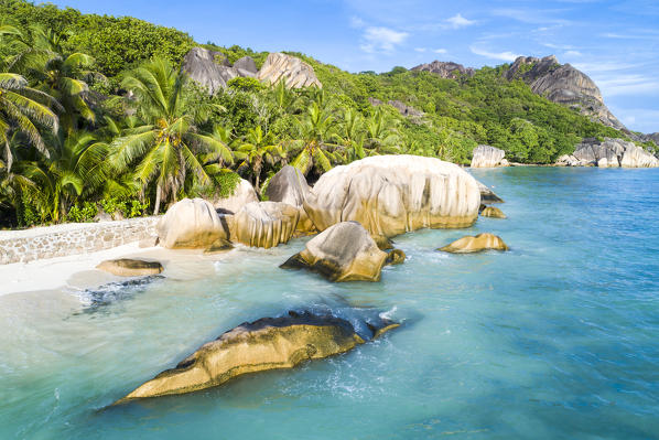 Aerial view of Anse Source d'Argent beach, La Digue island, Seychelles, Africa