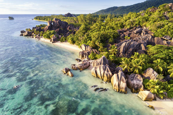 Aerial view of Anse Source d'Argent beach, La Digue island, Seychelles, Africa