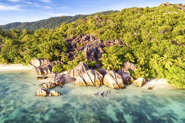 Aerial view of Anse Source d'Argent beach, La Digue island, Seychelles, Africa