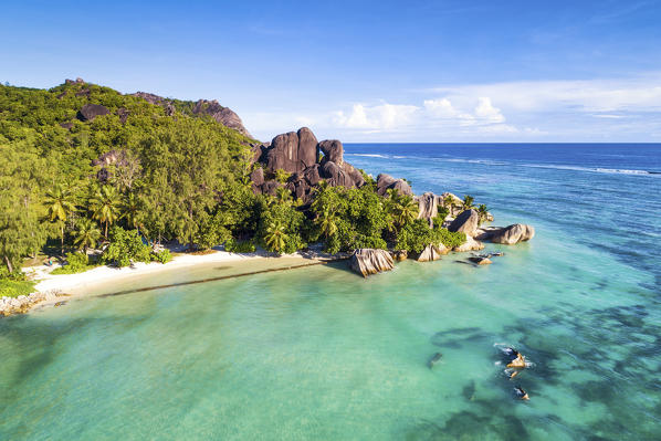 Aerial view of Anse Source d'Argent beach, La Digue island, Seychelles, Africa