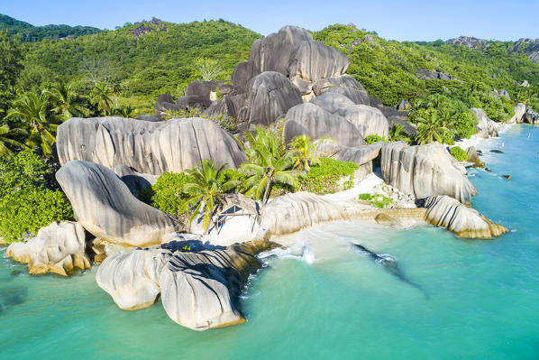 Aerial view of Anse Source d'Argent beach, La Digue island, Seychelles, Africa