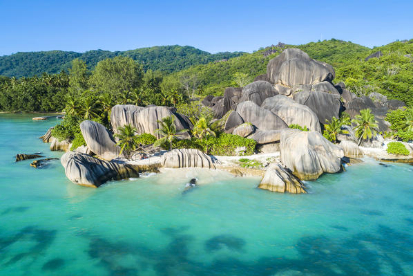 Aerial view of Anse Source d'Argent beach, La Digue island, Seychelles, Africa