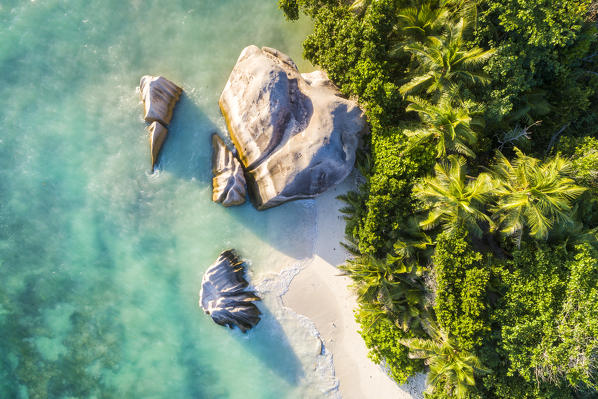 Aerial view of Anse Source d'Argent beach, La Digue island, Seychelles, Africa