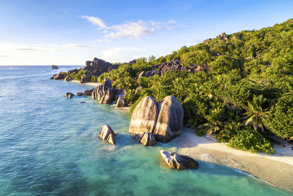 Aerial view of Anse Source d'Argent beach at sunset, La Digue island, Seychelles, Africa