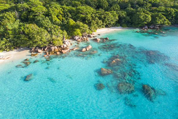 Aerial view of Anse Lazio beach. Praslin island, Seychelles, Africa