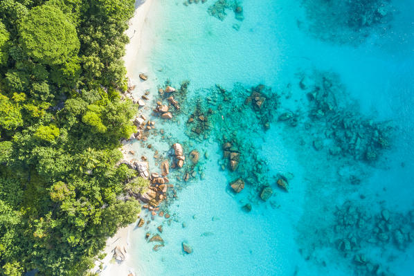 Aerial view of Anse Lazio beach. Praslin island, Seychelles, Africa