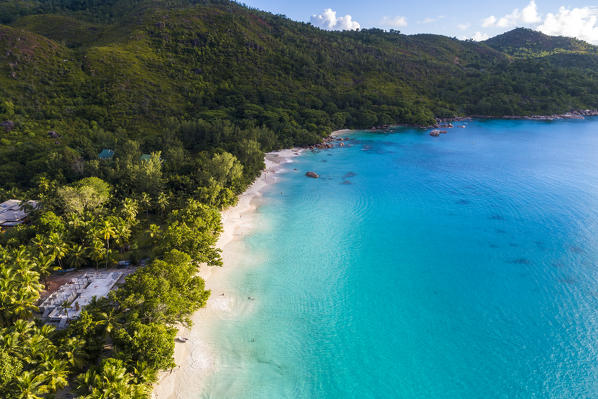 Aerial view of Anse Lazio beach. Praslin island, Seychelles, Africa