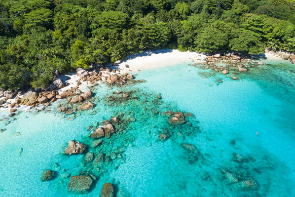 Aerial view of Anse Lazio beach. Praslin island, Seychelles, Africa