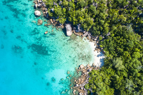 Aerial view of Anse Lazio beach. Praslin island, Seychelles, Africa