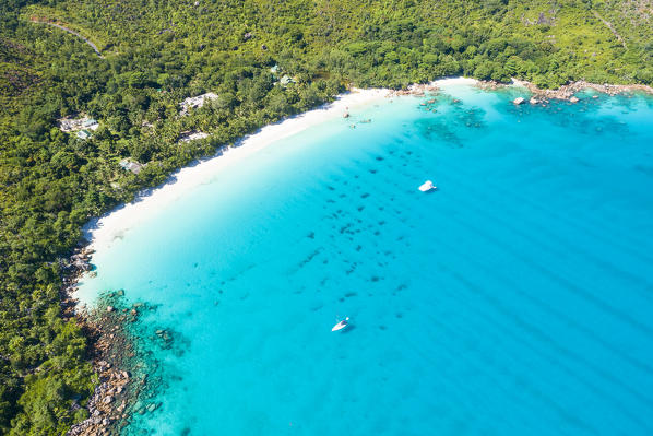 Aerial view of Anse Lazio beach. Praslin island, Seychelles, Africa