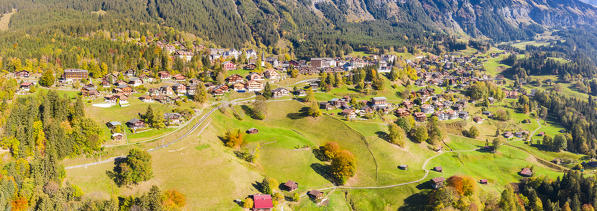 Aerial view of Wengen village. Wengen, Canton of Bern, Switzerland, Europe