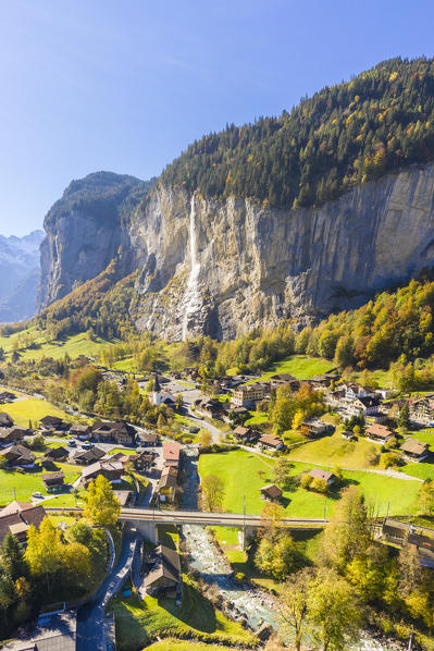 Aerial view of Lauterbrunnen. Lauterbrunnen, Canton of Bern, Switzerland, Europe