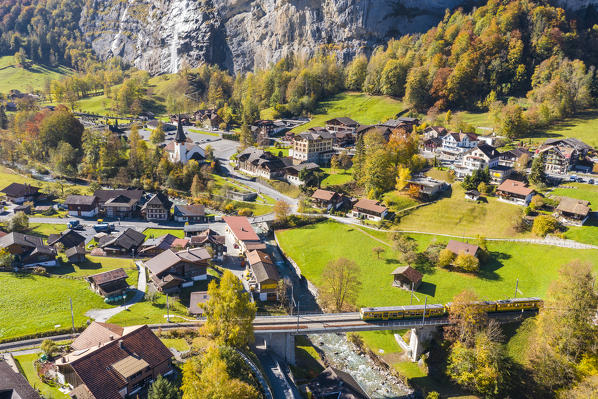 Aerial view of Lauterbrunnen. Lauterbrunnen, Canton of Bern, Switzerland, Europe