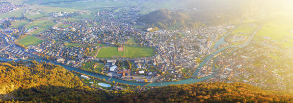 View of Interlaken from Harder Kulm. Harder Kulm, Canton of Bern, Switzerland, Europe