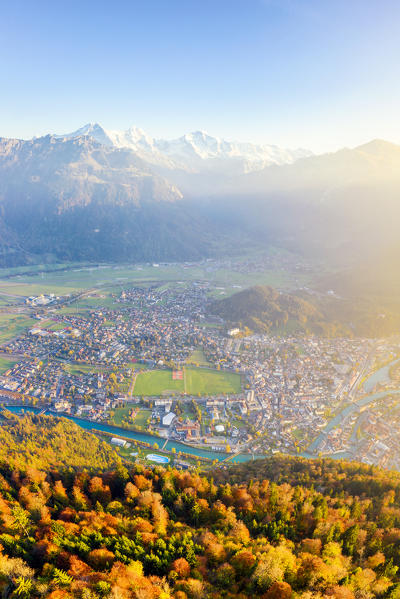 View of Interlaken from Harder Kulm. Harder Kulm, Canton of Bern, Switzerland, Europe