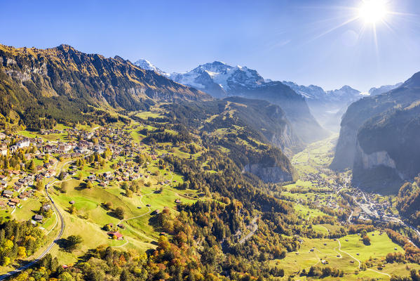 Aerial view of Lauterbrunnen valley. Wengen, Canton of Bern, Switzerland, Europe