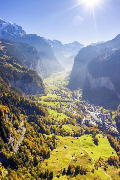 Aerial view of Lauterbrunnen valley. Wengen, Canton of Bern, Switzerland, Europe