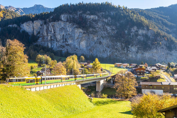 The railway from Lauterbrunnen to Wengen. Lauterbrunnen, Canton of Bern, Switzerland, Europe