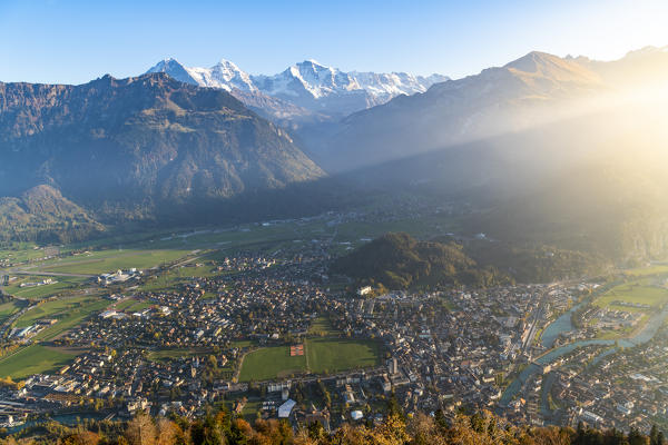 View of Interlaken from Harder Kulm. Harder Kulm, Canton of Bern, Switzerland, Europe