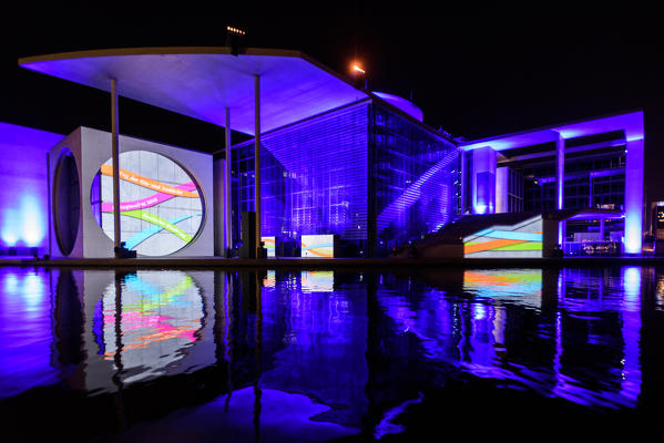 Night view of Marie-Elisabeth-Lüders-Haus (MELH) office building in Berlin, Germany, Europe
