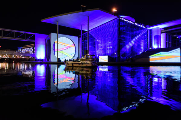 Night view of Marie-Elisabeth-Lüders-Haus (MELH) office building in Berlin, Germany, Europe
