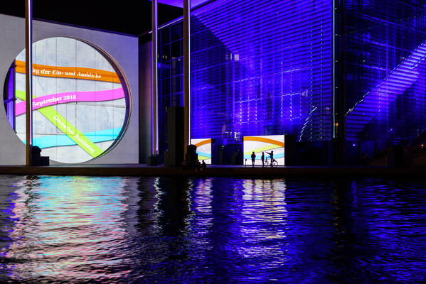Night view of Marie-Elisabeth-Lüders-Haus (MELH) office building in Berlin, Germany, Europe