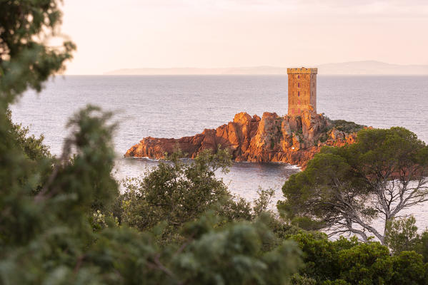 The île d'Or, a private island located at the east of the city of Saint-Raphaël, viewed from Cap Dramont at sunrise, Var department, Provence-Alpes-Côte d'Azur region, France