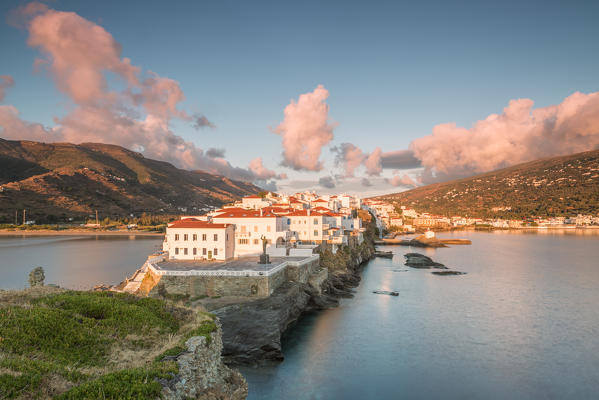 Andros village at sunrise viewed from an old ruined castle, Andros, Cyclades Archipelago, Greece, Europe