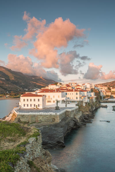 Andros village at sunrise viewed from an old ruined castle, Andros, Cyclades Archipelago, Greece, Europe