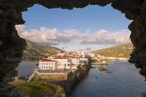 Andros village at sunrise viewed from an old ruined castle, Andros, Cyclades Archipelago, Greece, Europe
