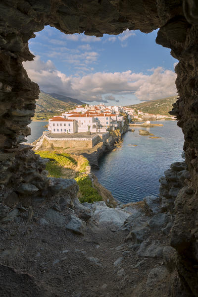 Andros village at sunrise viewed from an old ruined castle, Andros, Cyclades Archipelago, Greece, Europe