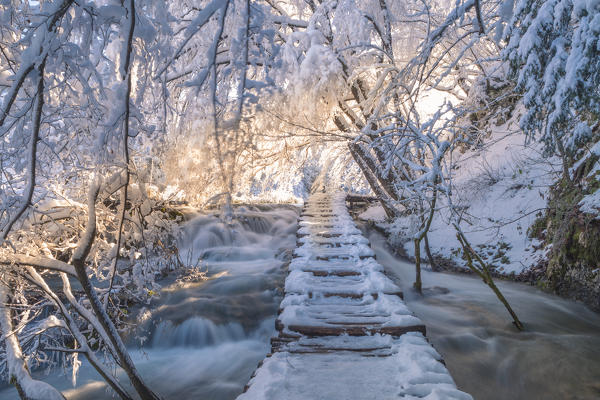 Frozen walkway of Plitvice Lakes National Park, Plitvicka Jezera, Lika and  Senj County, Croatia 