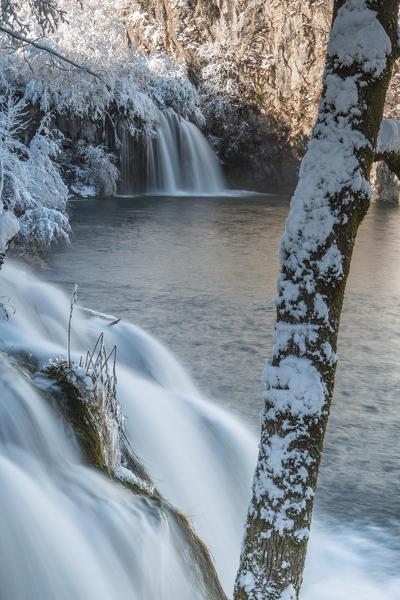 Hidden waterfall of Plitvice Lakes National Park in winter, Plitvicka Jezera, Lika and  Senj County, Croatia
