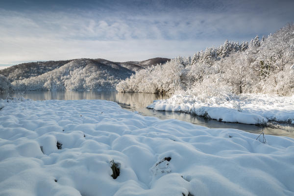 River and forests of Plitvice Lakes National Park in winter, Plitvicka Jezera, Lika and  Senj County, Croatia
