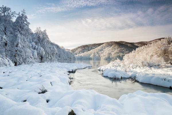 River and forests of Plitvice Lakes National Park in winter, Plitvicka Jezera, Lika and  Senj County, Croatia