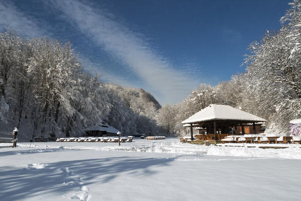 Restaurant for tourists into the Plitvice Lakes National Park in winter, Plitvicka Jezera, Lika and  Senj County, Croatia