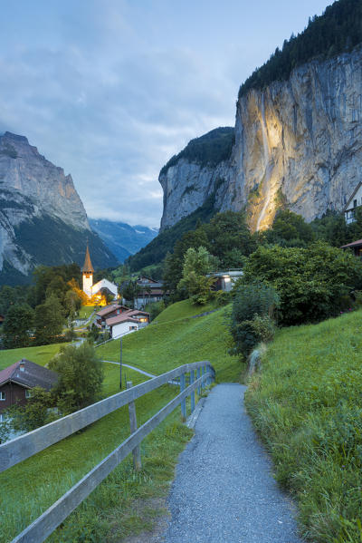 Village of Lauterbrunnen at dusk,Interlaken-Oberhasli administrative district, canton of Bern,Bernese Oberland, Switzerland.