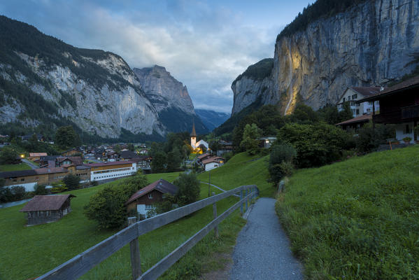 Village of Lauterbrunnen at dusk,Interlaken-Oberhasli administrative district, canton of Bern,Bernese Oberland, Switzerland.