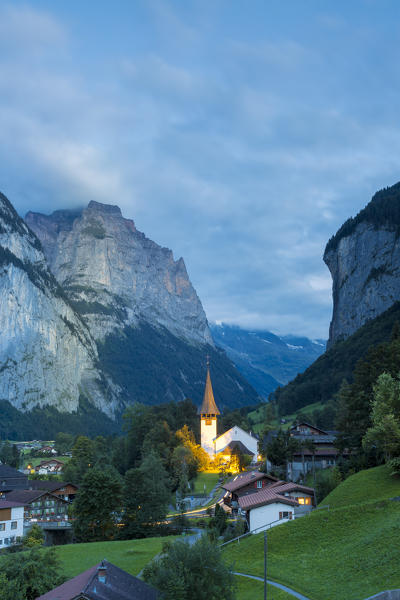 Village of Lauterbrunnen at dusk,Interlaken-Oberhasli administrative district, canton of Bern,Bernese Oberland, Switzerland.