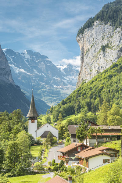The iconic church of Lauterbrunnen,Interlaken-Oberhasli administrative district, canton of Bern,Bernese Oberland, Switzerland.