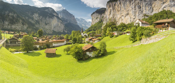 Village of Lauterbrunnen with Staubbach Fall in the background,Interlaken-Oberhasli administrative district, canton of Bern,Bernese Oberland, Switzerland.