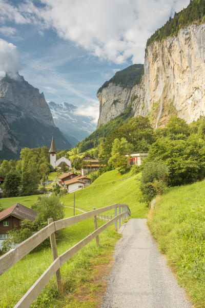 Village of Lauterbrunnen with Staubbach Fall in the background,Interlaken-Oberhasli administrative district, canton of Bern,Bernese Oberland, Switzerland.