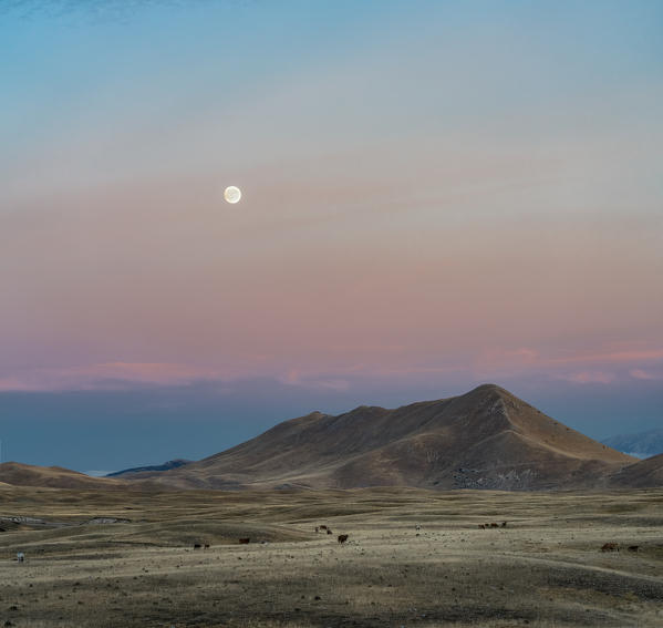 Sunset and moon on the glacial plain of Campo Imperatore, Campo Imperatore, L'Aquila province, Abruzzo, Italy, Europe