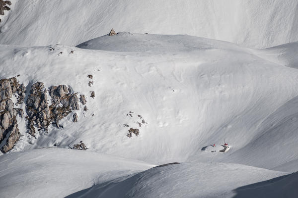 Rifugio Garibaldi covered with snow in winter, Campo Imperatore, Teramo province, Abruzzo, Italy, Europe