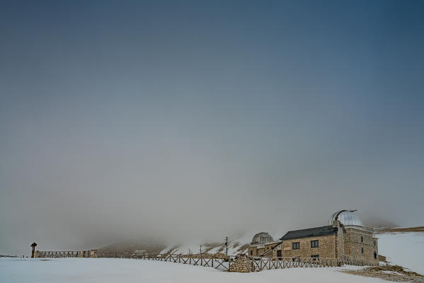 Astronomical observatory in the mist, Campo Imperatore, L'Aquila province, Abruzzo, Italy, Europe