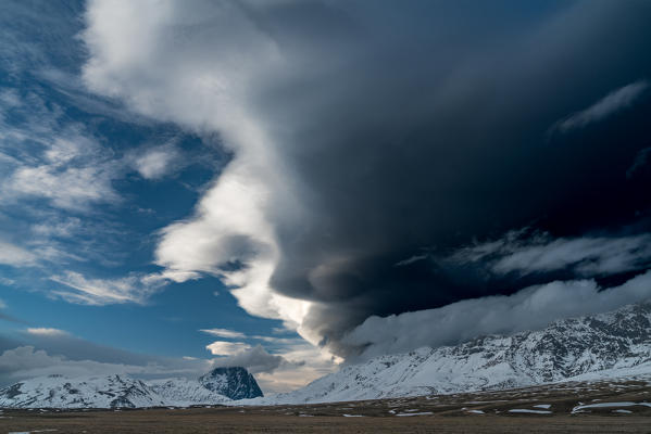Dark clouds over the Plain of Campo Imperatore, Campo Imperatore, L'Aquila province, Abruzzo, Italy, Europe